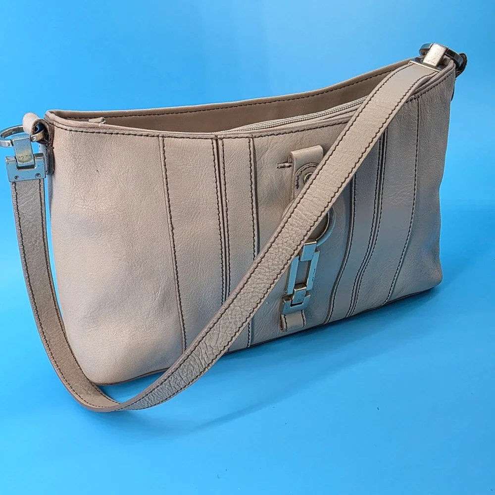Etienne Aigner Taupe Beige Leather Shoulder Bag Baguette Silver Hardware 61570